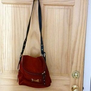 Maxx NY Signature Red Suede Handbag With Black Trim. Gold Hardware. Wristlet.